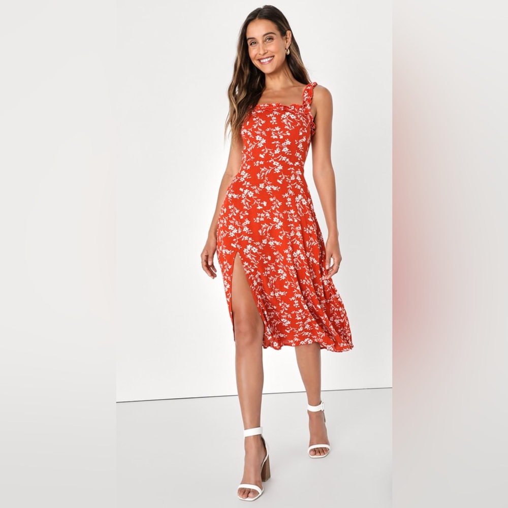 Garden Date Red Orange Floral Print Ruffle Midi Dress